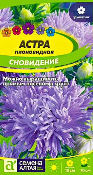 Семена Астра пионовидная "Сновидение".<br>
Великолепная астра с длительным периодом цветения. Куст колоновидный компактный, высотой до 70 см, цветоносы прочные. Соцветия пионовидные махровые, диаметром до 10 см, окрашены в нежно-фиолетовый цвет. Цветение раннее, уже через 90 дней от всходов. Широко используется для оформления различного рода цветников и получения высококачественной срезки. Холодостойкое, светолюбивое растение, может расти в полутени. Хорошо растет на обычной садовой почве без свежей органики, кислые почвы необходимо нейтрализовать известью. Семена на рассаду высевают в марте-апреле, глубина заделки 0,5 см. Посевы содержат при температуре +15-18°С. Сеянцы пикируют с появлением первой пары настоящих листочков. В открытый грунт рассаду высаживают во второй половине мая. Перед высадкой в открытый грунт её закаливают в течение 1-2 недель, снизив температуру до +10°С. Схема посадки 30×30 см. Возможен посев семян в открытый грунт в конце апреля под временное укрытие на глубину 0,5-1,0 см (с последующим прореживанием всходов), или под зиму (в конце октября) на глубину 3 см. Сверху посевы мульчируют торфом или опилками слоем 3-5 см. Весной посевы раскрывают. Цветение длится с июля до конца сентября.