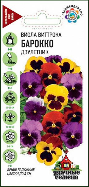 Семена Виола Барокко Виттрока.
Популярное двулетнее растение из семейства Фиалковые высотой 25-30 см. Обильно и продолжительно цветет с мая по сентябрь.
Цветки крупные (5-6 см в диаметре), бордово-коричневые с каймой различной окраски на верхних лепестках. 
Растение влаголюбивое, холодостойкое, хорошо растет на солнце и в полутени.
Для получения растений, цветущих в год посева, выращивают через рассаду. 
При безрассадном способе выращивания цветение наступает на второй год. 
Используют для посадки на клумбы, рабатки, в балконные ящики и садовые вазы.