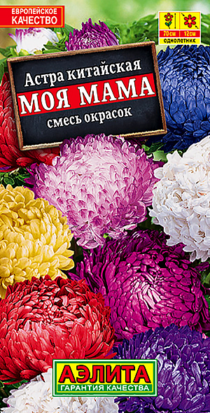 Семена Астра Моя мама смесь окрасок.
Пестрая цветочная смесь высокорослых (70 см) астр придаст очарование любому уголку вашего сада. Густо-махровые соцветия 12 см восхищают насыщенными расцветками и эталонной пионовидной формой. Цветение обильное и длительное, вплоть до заморозков. Цветы на длинных, очень прочных стеблях идеальны для срезки и долго стоят в букете. 
Агротехника. Выращивают рассадным способом. С развитием первой пары настоящих листочков сеянцы пикируют. На постоянное место рассаду высаживают в возрасте 30-35 дней. Возможен посев семян в открытый грунт весной или под зиму, в конце октября. Растениям необходимы регулярные поливы, прополки, рыхления и подкормки.