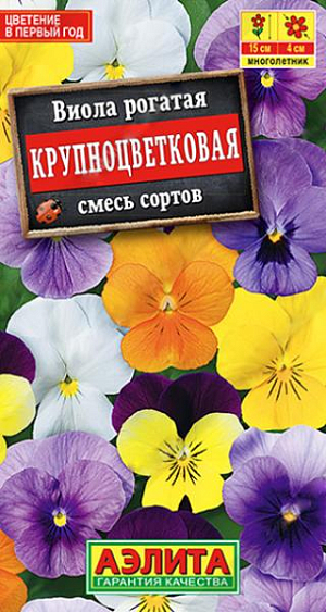 Смесь&nbsp;Виола Крупноцветковая смесь.&nbsp;Великолепная смесь многолетней виолы высотой около 15 см. Без устали цветет с мая до глубокой осени, особенно пышно в начале и на финише сезона. Цветки диаметром 4 см, довольно крупные для многолетних фиалок. Смесь идеально подходит для создания долговечного цветочного коврика в полутенистых местах. Зимует без укрытия. Отлично выглядит в контейнерной культуре.<br>
 <br>
 Виола предпочитает затененные участки с плодородными, умеренно влажными почвами. Легко переносит пересадку в цветущем состоянии. При посеве в открытый грунт в июле растения цветут на следующий год. Зимостойкость хорошая.<br>