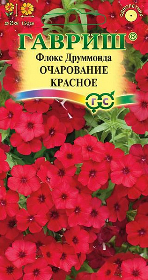 Семена Флокс Друммонда Очарование красное.
Эффектная крупноцветковая серия однолетних низкорослых сортов флокса с обильным цветением и ошеломляюще красивой окраской. Растения компактные, высотой до 25 см. Цветки до 1,5-2 см в диаметре, красные, собраны в щитковидные соцветия. Предпочитает солнечные места и легкие дренированные плодородные почвы с большим количеством органики. 
Посев на рассаду — в марте-апреле, высадка в грунт — в мае, через 15 см. Цветет с июня до заморозков. Используют в качестве клумбового и бордюрного растения, выращивают в контейнерах и горшках, на каменистых горках. Подходит для ярких мини-букетов.