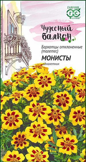 <div>
 Семена Бархатцы отклоненные Монисты.
</div>
Неприхотливые и надежные бархатцы с их яркими солнечными тонами «оживят» колорит балконных цветников, их цветение будет продолжаться все лето до глубокой осени. Высотой эти однолетники до 30 см., сильно ветвистые от основания. Соцветия до 4 см. в диаметре, простые, очень красивые, светло-желтого тона с яркими коричневыми «сигналами» у основания лепестков. Растения засухоустойчивы, тепло- и светолюбивы, выносят затенение. Для раннего цветения выращивают через рассаду, высевая в конце марта-начале апреле. Всходы появляются на 5-10 день. В мае растения высаживают на балкон. Цветут с июня до заморозков. Они хорошо растут в горшках, вазонах, балконных ящиках, в сочетании с агератумами, лобелией, сальвией, цинерариями.