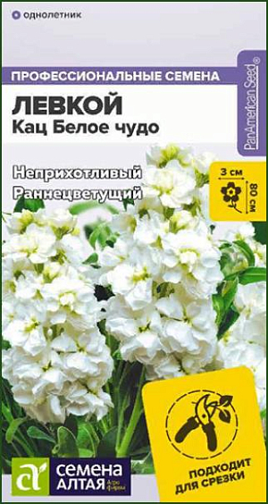 Семена Левкой махровый Кац Белое чудо<br>
 <br>
 Неприхотливый сорт для срезки и высоких клумб. Формирует выравненные кустики с короткими междоузлиями. Цветение раннее, обильное и продолжительное, цветки крупные, белого цвета (50% махровых цветков), собраны в эффектные кисти. Соцветия срезают в стадии 3-5 распустившихся цветков, в срезке стоят до 8 дней, для продления декоративности букеты можно убирать в холодильник. Высота растения: 60-80 см Диаметр цветка: 2,5-3 см Условия выращивания, место посадки: хорошо освещенные места Требования к грунту: питательный легкий грунт с нейтральной реакцией Способы выращивания: рассадный, безрассадный Время посева на рассаду: февраль-март Время посева в грунт: апрель-май, октябрь-ноябрь.<br>