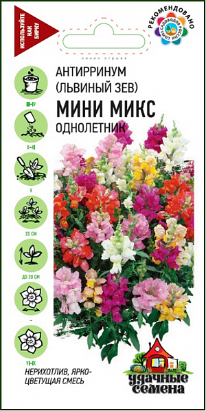 Семена Львиный зев Мини микс.
Декоративное многолетнее растение, культивируемое как однолетник, высотой до 20 см. Цветет с конца июня до поздних заморозков. 
Цветки разнообразной окраски собраны в кистевидные соцветия. Холодостоек, светолюбив, к почвам нетребователен, в засушливый период нуждается в поливе. 
Выращивают рассадным способом. Можно высевать семена в открытый грунт под зиму, в этом случае цветение начинается в августе. 
Используется для клумб, рабаток, миксбордеров, в дополнение к кустарникам, для озеленения балконов, ваз, горшечной культуры, срезки и выгонки.
