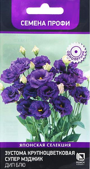 Семена&nbsp;Эустома крупноцветковая Супер Мэджик Дип Блю.&nbsp;Великолепные крупные, махровые соцветия с элегантными лепестками. Длинные, прочные стебли с отличным ветвлением. Высота растения 70-90 см. Окраска - синяя. Отличный выбор для составления букетов. Исключительно долго стоит в воде в срезанном виде.