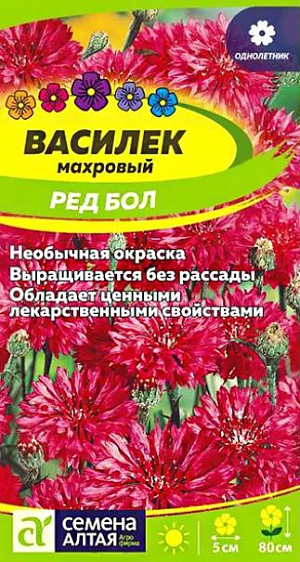 Семена Василёк "Ред Бол".<br>
Декоративно-цветущий однолетник, создающий в саду настроение настоящего русского лета. Растение высокорослое (до 80 см) разветвленное, несущее на концах побегов множество ярко-красных махровых соцветий до 5 см в диаметре. Особенность сорта – характерная шаровидная форма соцветий. Василек – отличный медонос, также он обладает ценными лекарственными свойствами: его отвар применяют, чтобы снять усталость с глаз, при фурункулах, цистите и многих других заболеваниях. Прекрасно подойдет для высоких бордюров, цветников в ландшафтном стиле, используется для оформления клумб, в групповых посадках, на каменистых горках, для срезки. Светолюбивое, холодостойкое, засухоустойчивое растение. Неприхотливо, но предпочитает открытые солнечные участки на рыхлых питательных нейтральных почвах. Выращивают посевом семян в открытый грунт в конце апреля – начале мая, как только почва прогреется до +3-5°C. Холодов и кратковременных ночных заморозков растения не боятся. Возможен и подзимний посев в октябре при температуре близкой к нулю. Семена высевают в бороздки глубиной 1,5-2 см, предварительно пролитые водой. Сеют с шагом в 5-7 см, мульчируют слоем почвы 0,3-0,5 см и поливают. Всходы появляются через 7-14 дней. Спустя 2-3 недели всходы прореживают с интервалом 35-40 см между растениями. Уход заключается в рыхлении, прополке и поливе 1 раз в 3-4 дня, однако во влажную погоду поливы сокращают, так как растение не переносит переувлажнения. Цветение обильное и продолжительное, с июня до сентября. Для продления цветения увядшие корзинки удаляют.