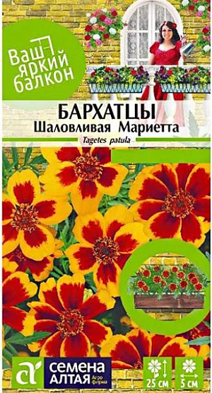 Семена Бархатцы "Шаловливая Мариетта".<br>
Яркие соцветия бархатцев этого низкорослого сорта будут украшать Ваш сад с июля до осенних холодов. Растение неприхотливо и отличается длительным цветением. Куст компактный, сильноветвистый. Соцветия плоские немахровые, 4-5 см в диаметре. Окраска язычковых цветков двухцветная: золотисто-желтая с большим коричнево-красным пятном у основания.