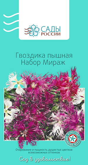 Гвоздика пышная Мираж набор

Неприхотливое и обаятельное растение. Набор «Мираж» – кружевной узор из лучистых цветков-звездочек жемчужно-белых, кораллово-розовых, винно-красных и карминовых оттенков. Цветки до 4–6 см в диаметре. Нуждается в подпитке комплексными удобрениями. На зиму требует укрытия.