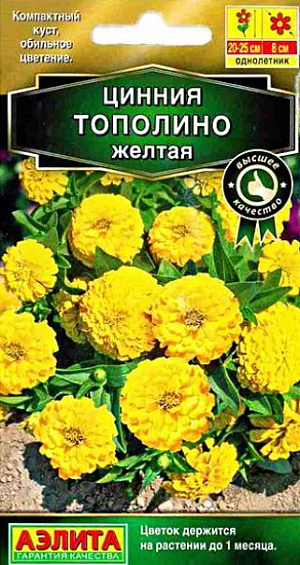 Семена&nbsp;Цинния Тополино желтая.&nbsp; Аккуратный низкорослый кустик 20-25 см. высотой буквально усыпан крупными (диаметром 7 см.) густомахровыми соцветиями. Цветки по форме напоминают георгинчики, каждый цветок держится на кусте до месяца. Сорт идеально подходит для горшечного выращивания. В цветниках будет незаменим в низком бордюре, на передних планах миксбордеров, в ковровых посадках на больших участках. Рекомендуем сорт для профессионального озеленения.<br>
 <br>
 Циннии – растения теплолюбивые, быстрорастущие, относительно засухоустойчивые. Предпочитают солнечные участки с дренированными почвами среднего плодородия, нейтральной кислотности. В южных регионах возможен безрассадный способ выращивания.<br>