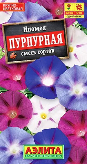 Семена Ипомея Пурпурная смесь.&nbsp;Потрясающая смесь крупноцветковой ипомеи не оставит ваш сад без внимания. Мощные плети длиной до 3 м. растут быстро, формируют обильный покров цветков&nbsp; диаметром 10-12 см. Неприхотливая лиана незаменима для озеленения вертикальных садовых форм – беседок, высоких заборов, пергол, стен. С ее помощью в кратчайшие сроки можно создать красочные «ширмы», отделив зоны отдыха от огорода и хозяйственных объектов.<br>
 <br>
 &nbsp;Посев в открытый грунт в конце мая предварительно замоченными семенами, гнездами по 2-3 шт. Всходы появляются на 5-7 день. Цветение с середины лета до заморозков. Влаго-, свето-, теплолюбива. Можно сеять на рассаду в горшочки в конце апреля, это ускорит цветение на 3-4 недели.<br>