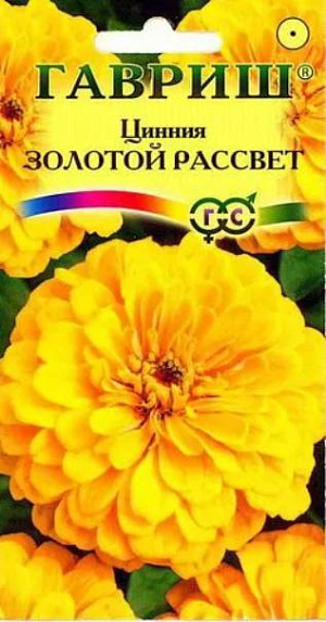 Семена Цинния Золотой Рассвет.
Неприхотливое однолетнее растение семейства Сложноцветные высотой до 70 см. 
Плотные, похожие на георгины, золотисто-желтые цветки сидят на прямых прочных стеблях.
Циннии светолюбивы, очень засухоустойчивы, но боятся заморозков. 
Высевают в апреле в ящики или в открытый грунт в мае, но цветение при этом наступает позже. 
В начале июня высаживают на расстоянии 20х30 см. Цветет с середины июня и до заморозков.
Очень декоративна массивами и группами на газоне, используется для посадки на сборные цветники, рабатки, а также на срез для букетов. Неприхотливость, простота ухода, дружные всходы, долгое цветение в сочетании с разнообразием цвета и размера делают цинию весьма привлекательной для начинающих цветоводов.