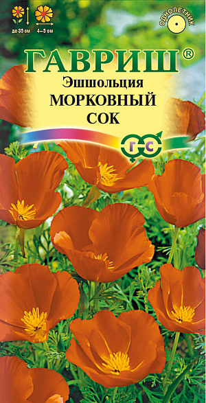 Семена Эшшольция Морковный сок.<br>
 <br>
 Неприхотливое привлекательное растение из семейства Маковые высотой до 35 см., с серебристо-зелеными ажурными листьями и оранжевыми цветками (4-5 см. в диаметре) на тонких цветоносах. Цветение обильное, начинается в первой половине июля и продолжается до заморозков. Светолюбива, засухоустойчива, холодостойка. Предпочитает сухие солнечные места, не переносит избытка влаги. Выращивают прямым посевом в грунт в конце апреля-начале мая или в октябре. При температуре почвы +10…15 С всходы появляются через 10-14 дней, их прореживают на расстоянии 20 см. Используется для посадки на клумбах, в рабатках, бордюрах и группах, а также в контейнеры и вазы.<br>