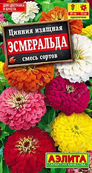 Семена&nbsp;Цинния Эсмеральда.&nbsp;Декоративная смесь высокорослых цинний. Формирует мощные, раскидистые, ветроустойчивые кусты высотой 70-90 см. Цветет обильно и продолжительно. Соцветия густомахровые, плотные, диаметром 10-12 см. Цветоносы прямые, длинные, прочные. Подходит для оформления цветников и на срезку. Цветы хорошо стоят в воде, долго сохраняют яркость окраски.<br>
 <br>
 Циннии – растения теплолюбивые, быстрорастущие, относительно засухоустойчивые. Предпочитают солнечные участки с дренированными почвами среднего плодородия, нейтральной кислотности. В южных регионах возможен безрассадный способ выращивания.<br>
 <br>
 <br>
 <br>
 <br>