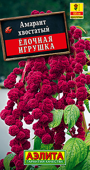 Семена Амарант Елочная игрушка хвостатый. Однолетник 
 Высота 100 см 
 Декоративная бусовидная форма неприхотливого, быстрорастущего летника. Формирует мощные растения с крепким стеблями высотой около 1 м. Соцветия поникающие, длиной 60-100 см, к осени могут частично лежать на земле. Цветки расположены на стебле мутовками, подобно ниткам бус. Соцветия долго сохраняются в срезке; в засушенном виде украшают зимние букеты. Растения используют для оформления заднего плана цветников, декорирования стен, заборов, невысоких строений, зонирования участка. Одиночные растения эффектно смотрятся в центре клумб и в декоративных огородах. 
 
 Посев семян в открытый грунт в конце мая, всходы появляются через 4-5 дней. С появлением настоящего листа сеянцы прореживают. Амарант свето- и теплолюбив, предпочитает легкие плодородные почвы нейтральной кислотности. Для поддержания декоративности желательны подкормки комплексным удобрением каждые две недели. 