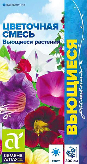 Семена Смесь Вьющиеся растения.<br>
 <br>
Великолепная смесь вьющихся однолетников! Создана специально для декорирования стен и оград, украшения беседок, арок и пергол, создания в саду «зелёного объёма». Отличается энергичным ростом и продолжительным цветением. В её состав входят тунбергия, настурция, кобея, душистый горошек, вьюнок, ипомея и другие культуры. Используя эту смесь, Вы также можете украсить свой балкон, посеяв её в балконные ящики или подвесные корзины - идеальный вариант для небольших балконов. Светолюбивая смесь. Предпочитает открытые солнечные участки на рыхлых, хорошо дренированных почвах, выносит небольшое затенение. Выращивают прямым посевом семян в открытый грунт в мае. Сеют сразу на постоянное место. Семена предварительно замачивают на сутки в тёплой воде. Глубина заделки – 0,5-1,5 см. Всходы появляются на 10-14 день. Уход заключается в своевременном поливе, прополке и рыхлении.