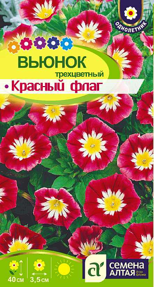 Семена Вьюнок трёхцветный Красный флаг 

Великолепный однолетник с плетистыми стелющимися побегами. Обычно достигает 20-25 см в высоту, а затем начинает куститься. Цветоносы крепкие. Цветки – широко открытые малиново-красные граммофончики с ярко-желтым зевом выгодно контрастируют с темно-зелеными листьями и открыты только в ясную погоду. Используется для оформления рабаток, миксбордеров, озеленения веранд, балконов, альпийских горок.