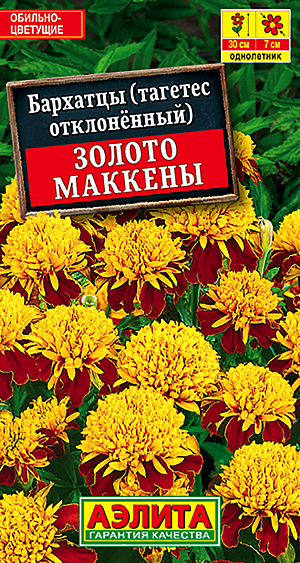 Семена Бархатцы Золото Маккены.
Низкорослый сорт с оригинальной формой и окраской соцветий. Цветение очень обильное, раннее и продолжительное. Кустики компактные, плотные, хорошо ветвящиеся, высотой до 30 см. Соцветия крупные, махровые, 6-7 см, устойчивые к воздействию дождя и ветра. Растения неприхотливые, засухоустойчивые, великолепно растут в небольшом объеме земли. Очень нарядно смотрятся в горшках и балконных ящиках, прекрасно подходят для выращивания в садовых цветниках. 
Агротехника. Выращивают рассадным способом. В фазе одного-двух настоящих листьев сеянцы пикируют. Рассаду высаживают в открытый грунт, когда минует опасность заморозков. Растениям необходимы регулярные поливы, прополки, рыхления и подкормки. Возможен посев семян в открытый грунт в конце мая на глубину 1 см.