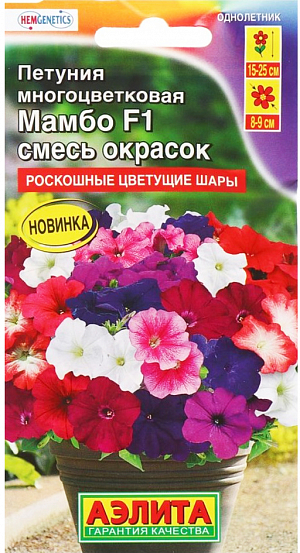 Семена Петуния Мамбо Смесь окрасок F1.
Ценная серия генетически низкорослых, обильно цветущих гибридов. Высота взрослых растений от 15 см (в горшках) до 25 см (о/г). Применять регуляторы роста не нужно. Компактные кусты цветут парадоксально крупными для карликов цветками  Ø 8-9 см и выглядят роскошными цветущими шарами. Декоративность серии не страдает в ненастную погоду. Кустики стабильно сохраняют привлекательный вид, не вытягиваются. Серия пригодна для воплощения любых дизайнерских проектов при оформлении цветников открытого грунта, балконов, патио, уличных контейнеров.