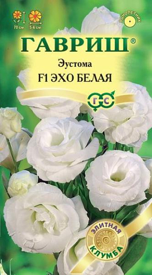 Семена Эустома Эхо белая F1.
Роскошное и очень нежное однолетнее растение из семейства Горечавковые. 
Стебли высотой до 70 см, сильные, прочные, способные выдержать крупные, плотные, махровые цветки.
Изысканные оттенки и 100% махровость сделала эту серию фаворитом на рынке срезочных лизиантусов.
Довольно крупные (5-6 см) белые цветки, в пору цветения похожи на полуоткрытые бутоны розы, с атласными, спиралевидно расположенными лепестками. Предпочитает солнечные места, окультуренную почву, регулярные поливы и опрыскивания. Для получения цветущих растений в июле — августе посевы производят в конце февраля — начале марта. Семена мелкие, их не присыпают, оставляя на поверхности субстрата, увлажняют из распылителя и накрывают стеклом. Всходы появляются через 10-15 дней при температуре +20-21 С. Необходим свет. Сеянцы пикируют в стадии 2-3-х настоящих листьев в отдельные горшки. 
В грунт высаживают, когда минует угроза заморозков. Используют для украшения клумб, рабаток, бордюров и срезки.