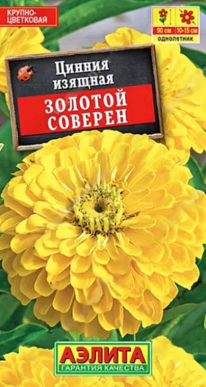 Семена Цинния Золотой соверен. Популярный высокорослый сорт циннии с очень крупными (диаметром 10-15 см.), махровыми соцветиями. Кусты мощные, ветвистые, высотой 80-90 см. Не теряют своей декоративности под воздействием дождя и ветра. Цветение очень раннее и продолжительное. Один из лучших сортов для украшения групповых посадок на клумбах и в рабатках. Отлично подходит для срезки – цветы долго стоят в воде, сохраняя свежесть и неповторимую красоту.<br>
 <br>
 <br>
  Циннии – растения теплолюбивые, быстрорастущие, относительно засухоустойчивые. Предпочитают солнечные участки с дренированными почвами среднего плодородия, нейтральной кислотности. В южных регионах возможен без рассадный способ выращивания.<br>