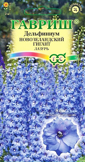Семена Дельфиниум Новозеландский гигант лазурь.
Новозеландские гиганты — признанные мировые законодатели селекционной моды среди дельфиниумов. Исключительные декоративные качества, зимостойкость, долговечность и неприхотливость, сделали эти сорта самым желанным приобретением многих профессионалов и садоводов-любителей. Растения рослые, более 2 м, с прочными здоровыми цветоносами, но все же нуждается в опоре. Необыкновенно крупные махровые цветки, лазурного цвета, собраны в плотное, буквально набитое соцветие. Первое цветение происходит на второй год после посева, в июне-июле. Повторное — в августе. Новозеландские гиганты морозостойки, отлично переносят даже суровые зимы без укрытия.