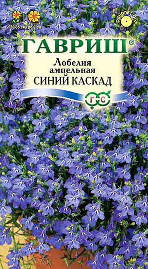 Семена Лобелия Синий каскад ампельная.
Травянистое растение, с обильно цветущими, свешивающимися побегами 30-35 см длиной. 
Цветки до 2 см в диаметре, двугубые, на коротких цветоножках, по одному в пазухах листьев темно-синего цвета. 
Цветет с июня по сентябрь. Продолжительность и обильность цветения увеличиваются при своевременном удалении отцветших стеблей.
Хороша в вазах, балконных ящиках. Размножают семенами, посев которых производят в феврале .
Для равномерности посевов семена смешивают с сухим песком в соотношении 1:50 и не заделывают.