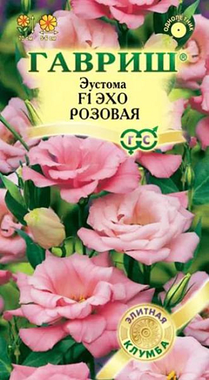Семена Эустома Эхо розовая F1.<br>
 Роскошное и очень нежное однолетнее растение из семейства Горечавковые.<br>
 Стебли высотой до 70 см, сильные, прочные, способные выдержать крупные, плотные, махровые цветки.<br>
 Изысканные оттенки и 100% махровость сделала эту серию фаворитом на рынке срезочных лизиантусов. <br>
 Довольно крупные (5-6 см) нежно-розовые цветки, в пору цветения похожи на полуоткрытые бутоны розы, с атласными, спиралевидно расположенными лепестками. Предпочитает солнечные места, окультуренную почву, регулярные поливы и опрыскивания. Для получения цветущих растений в июле — августе посевы производят в конце февраля — начале марта. Семена мелкие, их не присыпают, оставляя на поверхности субстрата, увлажняют из распылителя и накрывают стеклом. Всходы появляются через 10-15 дней при температуре +20-21 С. Необходим свет. Сеянцы пикируют в стадии 2-3-х настоящих листьев в отдельные горшки.<br>
В грунт высаживают, когда минует угроза заморозков. Используют для украшения клумб, рабаток, бордюров и срезки.