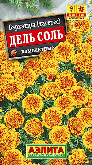 Семена Бархатцы Дель Соль. <br>
Очаровательный представитель низкорослых бархатцев с яркой окраской цветков 6 см. Сорт ДЕЛЬ СОЛЬ формирует компактные, хорошо ветвящиеся кусты высотой 30 см, обильно цветущие с июня до заморозков. Куст прекрасно держит форму в течение сезона. Кратковременное понижение температуры переносит без ущерба для красоты своих соцветий. Хорошо растет в балконных контейнерах и садовых цветниках различных типов. 
Агротехника. Выращивают рассадным способом. В фазе одного-двух настоящих листьев сеянцы пикируют. Рассаду высаживают в открытый грунт, когда минует опасность заморозков. Растениям необходимы регулярные поливы, прополки, рыхления и подкормки. Возможен посев семян в открытый грунт на глубину 1 см.