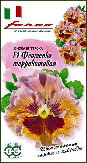 <div>
 Семена Виола Фламенко терракотовая F1.
</div>
 <article>
<p>
 Завораживающая по красоте крупноцветковая виола из итальянской серии «F1 Фламенко»! Растение двулетнее. Кустик компактный, хорошо разветвленный, с махровыми и полумахровыми цветами диаметром 5-7 см. Окраска лепестков необычная: от красно-коричневого до нежнейших оттенков сиреневого. Цветет обильно и продолжительно с мая по сентябрь.&nbsp; Раннее цветение сочетается с удивительной стойкостью к неблагоприятным погодным условиям. Прекрасно подойдет для украшения балконов, контейнеров, садовых ваз, клумб и рабаток.
</p>
<p>
 &nbsp;Растение влаголюбивое, холодостойкое, хорошо растет на солнце и в полутени. Для получения растений, цветущих в год посева, семена высевают на рассаду в феврале-марте. Всходы появляются через 5-7 дней. В открытый грунт рассаду высаживают в конце апреля-начале мая на расстоянии 15-20 см. Хорошо переносят пересадку в цветущем состоянии. При посеве в открытый грунт в июне-июле, цветение наступает во второй год.
</p>
 </article>