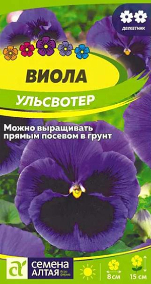 Семена Виола "Ульсвотер".<br>
Декоративный двулетник, образующий компактные кустики с крупными (до 8 см диаметром) многочисленными цветками сине-фиолетовой окраски с темным пятном. Растения устойчивы к неблагоприятным условиям выращивания, холодостойки, теневыносливы. Хорошо переносят пересадку в любой фазе развития. Используют как горшечную культуру, как ярко цветущий компонент цветочных композиций, для создания в саду праздничного настроения. При выращивании как двулетника семена на рассаду высевают в мае-июле на разводочные гряды. Всходы появляются через 2-3 недели. В конце августа - начале сентября их высаживают на постоянное место. Для получения растений, цветущих в год посева, семена на рассаду высевают в декабре - январе. В грунт рассаду высаживают в мае. Цветение при выращивании рассадой с июля и до заморозков, при посеве семян в грунт - на следующий год с ранней весны и до поздней осени.