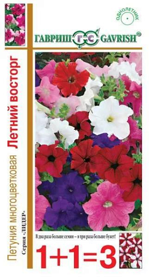 Семена Петуния Летний восторг многоцветковая смесь<br>
 <br>
 Привлекательная смесь сортов высотой 30-50 см. Многочисленные цветки разнообразной окраски до 6,5 см в диаметре с гладким краем лепестков. Выращивают рассадным способом. Посев проводят поверхностно, под стекло (после появления всходов стекло убирают). В зимние месяцы (январь-февраль) досветка обязательна. Без дополнительного освещения петунию высевают не раньше марта. Всходы появляются через 7-12 дней. На постоянное место высаживают, когда минует опасность заморозков. Петуния используется как фоновое и балконное растение, в контейнерах, вазах, для украшения подоконников, для посадки в рабатки, бордюры. Цветет обильно с начала мая до заморозков.<br>