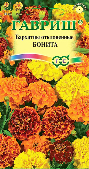 Семена Бархатцы Бонита отклоненные.
Жизнерадостная смесь с махровыми яркими соцветиями, диаметром 5 см. Идеально подойдет для оформления бордюров, рабаток, вазонов и балконных ящиков. 
Растения образуют компактные, густоветвистые кустики, высотой 30 см. Цветут с июня до заморозков. 
Бархатцы светолюбивы и теплолюбивы, заморозков не переносят, к почвам нетребовательны, но предпочитают плодородные легкие почвы. 
Посев на рассаду проводят во второй половине марте-начале апреля. 
Всходы появляются через 4-8 дней после посева, сеянцы пикируют в фазе 2-го настоящего листа.
Рассаду высаживают в начале июня с расстоянием между растениями 30-35 см. Посев в открытый грунт проводят в мае на глубину 1,5-2 см.