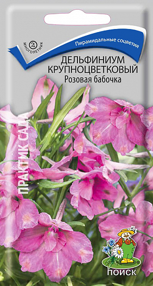 Семена Дельфиниум Розовая бабочка крупноцветковый.
Растение изящной компактной формы высотой около 40 см, с сильно ветвящимися побегами. 
Листья на длинных черешках, пальчато-рассеченные, сверху зеленые, снизу беловатые. Цветки открытые, светло-розовые, до 3,5 см в диаметре, собраны в редкую кисть на конце стебля.
Цветет июль-август. Используют для создания смешанных групп, рабаток, в миксбордерах и на срезку.
Агротехника. Растение морозостойкое и засухоустойчивое. 
Предпочитает хорошо дренированную почву, открытые солнечные места с легким затенением в полуденные часы.
 Посев семян производят в марте в рассадные ящики, присыпав их слегка влажным песком. 
При температуре почвы +10°C всходы появляются через 18-25 дней. После образования первого настоящего листа сеянцы пикируют.
 В начале мая высаживают в открытый грунт. 
Молодые растения доращивают до осени или до весны следующего года на разводочных грядах, затем высаживают на постоянное место, выдерживая расстояние между растениями 30-40 см.