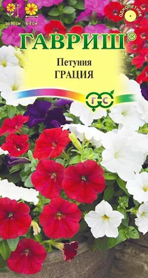 Семена Петуния Грация ампельная.
Необыкновенно красивое растение c повисающими побегами длиной до 80 см. Молодые кустики прямотоячие, вырастая, побеги свешиваются и образуют астоящую лавину из крупных цветков 6-8 см в диаметре. Выращивают рассадным способом. Посев проводят с января по апрель, поверхностно,под стекло (после появления всходов стекло убирают). В зимние месяцы январь-февраль досветка обязательна. При ранних сроках посева цветение начинается в мае, что очень удобно для выращивания растений на балконе, закрытых террасах, патио.
 Без дополнительного освещения петунию высевают не раньше марта. Всходы появляются через 7-12 дней. На постоянное место высаживают, когда минует опасность заморозков. Светолюбива и достаточно засухоустойчива. Предпочитает легкие, плодородные, хорошо дренированные почвы. Петунии можно выращивать в течение нескольких лет, сохраняя зимой в освещенном помещении (растение сильно обрезают, t не более 12°С, умеренный полив). Прекрасно смотрятся отдельные растения петунии, высаженные в группе образуют яркое, нарядное пятно, великолепно украсят балконные ящики, вазы и подвесные кашпо.