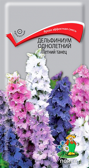 Семена Дельфиниум Летний танец однолетний.
Яркая смесь эффектного однолетника. Прямостоячие стебли до 130 см высотой. 
Листья ажурные сильно рассеченные на узкие доли. Цветы крупные, полумахровые и махровые, с длинным шпорцем. 
Цветение продолжительное, с июня до осени. Используют для срезки. 
Агротехника. Для посадки лучше всего подойдут солнечные и полутенистые защищенные от ветра места, плодородная глубоко обработанная почва (нейтральная или слабощелочная). 
Семена в грунт сеют осенью в сентябре или весной в апреле-мае, на глубину 0,5 см всходы появляются через 10-18 дней.
 Пикируют и пересаживают осторожно, не повреждая корневую систему. 
При осеннем посеве цветет в июне-августе, при весеннем в июле-сентябре. Дает обильный самосев.