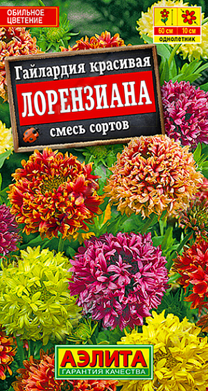 Семена Гайлардия Лорензианна смесь. Декоративная смесь однолетней гайлардии из садовой разновидности Лоренца. Растения раскидистые, с мягким опушением, высотой 50-60 см. Соцветия одиночные, шаровидные, очень крупные – диаметром 10 см, на тонких и длинных цветоносах. Роскошные соцветия насыщенных расцветок радуют своей красотой на клумбах, альпийских горках и в бордюрах. Используются на срезку. Кусты эффектно выглядят в контейнерах и вазонах. Смесь отличается очень длительным цветением с июня по октябрь. Дает самосев.<br>
 Гайлардия предпочитает солнечные участки с легкими, дренированными почвами. На влажных местах может выпадать. Возможен прямой посев семян в открытый грунт.<br>
