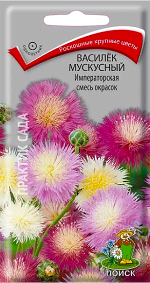 Семена Василёк мускусный Императорская смесь. Высокий василёк с приятным ароматом корицы. Растение до 100 см высотой. Листья глубоко разрезанные и зубчатые, неопушённые, ярко-зелёные. Соцветия – крупные корзинки 6-8 см в диаметре, сиреневого, белого, пурпурного и розового цвета. Зацветает растение в июне и обильно цветёт до октября. Используется для посадки в цветниках, бордюрах, на клумбах и на срезку.<br>
 <br>
 Агротехника. Неприхотливое растение, предпочитает солнечное место, легкие плодородные почвы. Посев производят в конце апреля – в начале мая непосредственно в грунт, семена слегка присыпают легкой землей, всходы появляются через 14-20 дней. Их прореживают, выдерживая расстояние между растениями 20-30 см.<br>