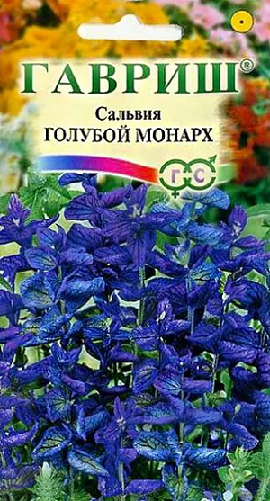 Семена Сальвия Голубой монарх.
Однолетнее, компактное растение высотой 70 см. Очень привлекательное благодаря сине-фиолетовым прицветным листьям, собранным в длинные (18-30 см), простые соцветия. 
Растение декоративно уже через месяц после посева. Цветет с середины июня до поздней осени, сохраняя свою декоративность. Плодоносит обильно, часто дает самосев. Предпочитает солнечные места и почвы без избытка органических удобрений. Посев производят в марте в рассадные ящики на глубину 0,5-0,8 см. Всходы появляются через 7-14 дней, после чего саженцы пикируют. В грунт рассаду высаживают, когда минует угроза весенних заморозков (25 мая - 15 июня). Расстояние между растениями 30-35 см. Сорт интересен для создания пейзажных композиций, монокультурных клумб и миксбордеров.