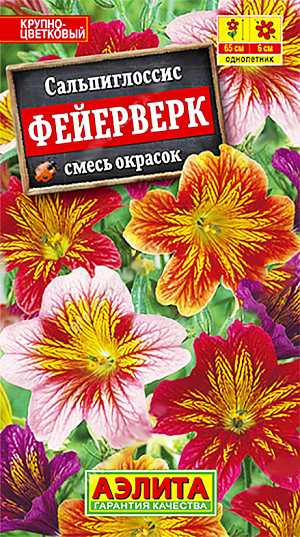 Семена Сальпиглоссис Фейерверк смесь окрасок.
Один из самых экзотических и эффектных обильноцветущих летников. Растения высотой 50-65 см, прямостоячие, малоразветвленные. Цветки воронковидные, диаметр 5-6 см, яркие, бархатистые, с неповторимым мраморным рисунком. Цветение раннее и продолжительное. Растения тепло- и светолюбивые, не выносят засухи и переувлажнения почвы. Рекомендуется высаживать ближе к дорожкам и местам отдыха, что бы была возможность видеть красоту и неповторимость цветков. Отлично подходят для срезки. Агротехника. Посев на рассаду в конце марта-начале апреля. Сеют поверхностно, без заделки, под стекло для сохранения постоянной влажности. Примерно 10-12 суток (до всходов) посевы держат в темноте, т. к. это стимулирует дружное прорастание семян. При развитии 2-3 пар листиков сеянцы пикируют в отдельные горшочки. Для лучшего ветвления молодые растения прищипывают. Закаленную рассаду высаживают в грунт после того, как минует угроза заморозков. 