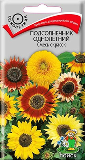 Семена Подсолнечник Смесь окрасок. Веселая смесь из махровых и простых подсолнухов разнообразных оттенков. Высота растений 80-200 см. Соцветия диаметром 10-20 см. Цветет с июня по сентябрь. Используют для заднего плана высоких бордюров, декорирования заборов и хозяйственных построек, на срезку.<br>
 <br>
 Агротехника. Растение теплолюбивое, хорошо растет на легкой питательной почве, предпочитает солнечные места. Посев семян производят в, мае в открытый грунт. Глубина заделки семян 1,5 см. При температуре почвы +15-20°С всходы появляются через 7-14 дней. Расстояние между растениями 25-35 см. Для более раннего цветения возможен посев на рассаду в начале апреля обязательно в горшочки, так как пересадку растения переносят плохо.