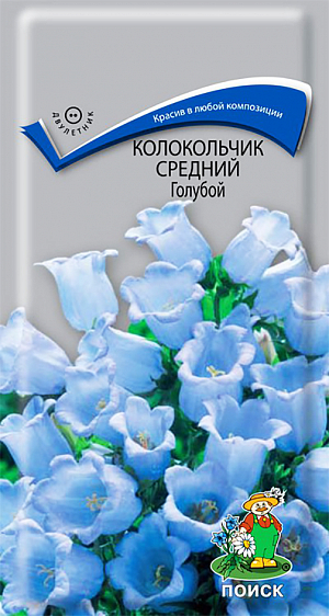 Семена Колокольчик Средний Голубой.
Колокольчик красив в различных цветочных композициях и дает изящный материал для срезки. Растение образует куст пирамидальной формы высотой 80 см. Крупные тёмно-голубые цветы собраны в пирамидальные соцветия. Цветет в июне-июле. 
Агротехника. Растение предпочитает плодородные, хорошо дренированные почвы, солнечное место, защищенное от ветров. Посев семян производят в конце мая в открытый грунт. При температуре +20°С всходы появляются на 14-20 день. Сеянцы распикировывают на запасные гряды по схеме 15х15 см. К осени растения высаживают на постоянное место, выдерживая расстояние между ними 30-40 см. Зацветают они на 2-й год после посева.
Семена соответствуют требованиям международных стандартов и ГОСТу РФ 12260-81