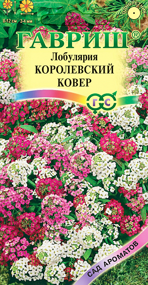 Семена Лобулярия Королевский ковер.
Однолетние растения из семейства крестоцветных. Кусты низкие, густоветвящиеся, компактные, высотой 8-12 см.
Листья узколанцетные. Цветки мелкие, 3-4 мм в диаметре, собраны в кистевидные соцветия, с сильным запахом меда, сплошь покрывают кусты во время цветения. 
Окраска соцветий белая, розовая, лиловая, фиолетовая. Цветет лобулярия с июня до октября. 
Семена высевают в грунт в апреле-мае или в марте на рассаду. При температуре почвы 18° С всходы появляются на 14-20 день. 
Расстояние между растениями выдерживают 15-20 см. Возможен подзимний посев. К почвам нетребовательна, светолюбива, холодоустойчива. 
Не переносит избытка влаги и длительной засухи. Используют для широких ленточных цветников, массивов, бордюров, каменистых россыпей.