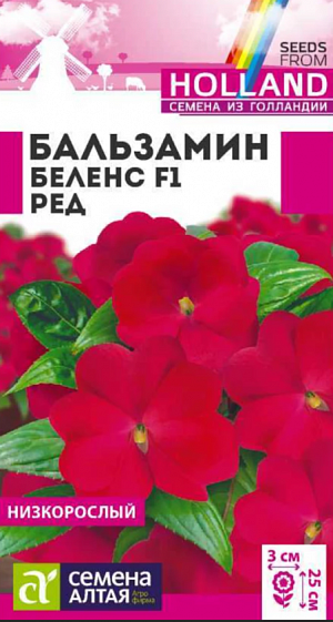 Семена Цветы Бальзамин Беленс Ред.<br>
 <br>
 Бальзамин Беленс F1 - многолетнее компактное растение, идеально подходящее для выращивания в горшечной, контейнерной культуре, в открытом грунте выращивается, как летник. Высота растения в горшке 15-20 см, в открытом грунте – 20-25 см. Ширина кустика 25-30 см. На сочных мясистых стеблях расположены удлиненно-эллиптические листья приятной зеленой окраски. Очаровательные простые цветки достаточно крупные, в диаметре 2-3 см. В помещениях цветет весь год при температуре не ниже +16°С. Широко используют для украшения клумб, цветников, рабаток, бордюров, подвесных корзин, контейнеров, вазонов. Растение теплолюбивое, в открытом грунте при наступлении холодных ночей увядает. Предпочитает слегка затененные места в саду или комнате. Не выносит переувлажнения.<br>
 <br>
Посевы на рассаду проводят в конце февраля - марте. Подойдет любая хорошо дренированная почва. Сеют поверхностно, не заделывая - для прорастания семенам нужен свет. Для получения наилучшего результата посев рекомендуем проводить в торфяные таблетки (одно семя в таблетку). Посевы увлажняют, накрывают стеклом (до появления всходов), периодически проветривая, и помещают в светлое место, избегая попадания прямых солнечных лучей. При температуре +23°С всходы появляются через 2-3 недели. После появления первых петелек температуру снижают, днем нужно поддерживать +18°C, а ночью +16°C. На данном этапе рассада нуждается в хорошем освещении, необходимая длина светового дня – не менее 12-14 часов, поэтому растения нужно досвечивать фитолампами. После появления 2-х настоящих листиков сеянцы пикируют в отдельные горшки, обеспечив дренаж. Делают это аккуратно, чтобы не повредить корни растений. В открытый грунт рассаду высаживают в мае-июне, когда минует угроза весенних заморозков, посадочный интервал 25-30 см. Цветение обильное и продолжительное, с июня до осенних холодов.