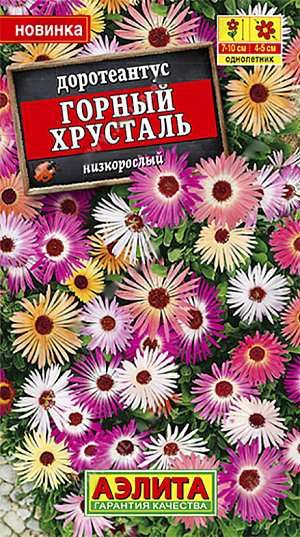 <div>
 Семена Доротеантус Горный хрусталь.
</div>
Миниатюрный почвопокровный летник из группы суккулентов. Известен еще как мезембриантемум, полуденник, стеклянная ромашка, хрустальная трава. Декоративными качествами обладают и листья, и цветы. Кустики сильно разветвленные, стелющиеся, высотой 7-10 см. Толстые мясистые листочки покрыты особыми пузырьками – идиобластами, похожими на сверкающие бриллианты. Яркие цветы- маргаритки  Ø 4-5 см выглядят довольно крупными для миниатюрного растения. Обильное цветение напоминает роскошный ковер. Рекомендуется для рокариев, бордюров, клумб, солнечных балконов и южных окон.