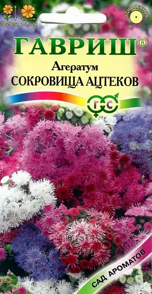 Семена Агератум Сокровища ацтеков.
Великолепная смесь сортов. Декоративные растения из семейства Астровые, культивируемое как однолетник, высотой 20-25 см. 
Цветение обильное с июня до заморозков. 
Цветки мелкие, узкотрубчатые, обоеполые, душистые, собраны в небольшие соцветия-корзинки, 1-1,5 см в диаметре, которые, в свою очередь, собраны в сложные щитковидные соцветия до 10 см в поперечнике. Окраска разнообразная.
Агератум достаточно засухоустойчив, светолюбив, но может расти при небольшом затенении, предпочитает легкие, 
умеренно плодородные почвы. Теплолюбив, заморозков не переносит. Выращивают рассадным способом. 
Посев проводят в конце марта-начале апреля, всходы появляются через 8-12 дней. 
Рассаду высаживают в конце мая-начале июня, после окончания весенних заморозков.
Используют для посадки на клумбах, в рабатках, миксбордерах, а также в балконные ящики.