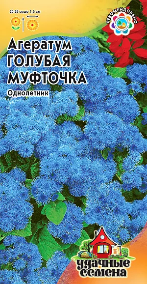 Семена Агератум Голубая Муфточка.
Декоративное растение из семейства Астровые, культивируемое как однолетник, высотой 20-25 см. 
Цветение обильное с июня до заморозков. Душистые мелкие темно-голубые цветки собраны в плотные пушистые соцветия 5-8 см в диаметре. 
Достаточно засухоустойчив, светолюбив, но может расти при небольшом затенении, предпочитает легкие, умеренно плодородные почвы.
Теплолюбив, заморозков не переносит. Выращивают рассадным способом.
