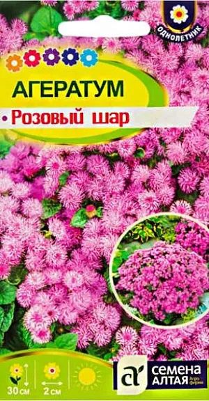 Семена Агератум "Розовый Шар".<br>
Агератум Розовый шар дает в начале июня пышные соцветия, образованные нежными душистыми «корзинками» диаметром около 2 см. Цветение продолжается до начала осенних заморозков. Растение хорошо развивается на солнечных местах и легких плодородных почвах. Размножается посевом семян в рассадные емкости. Посадочный материал равномерно распределяют по субстрату и присыпают влажным песком. До появления первых всходов увлажнять почву нужно из пульверизатора (во избежание всплывания семян). При температуре 18−20° всходы можно ожидать на 10−15 день. Через 3 недели саженцы пикируют и переносят в открытый грунт с ритмом 15−20 см. 